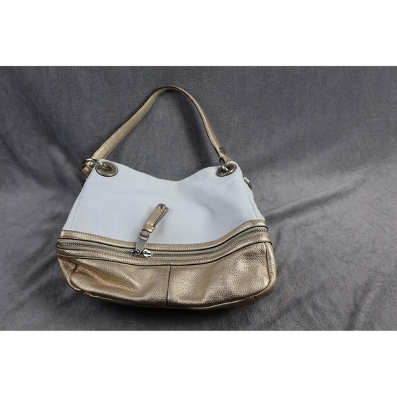 B Makowsky Shoulder Bag Womens Medium Gold White Leather Zip Purse Handbag - Picture 2 of 11